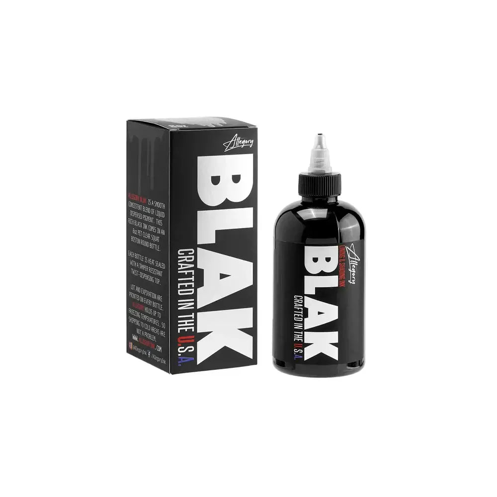 Allegory BLAK - 8 oz $25.00 Allegory BLAK is a smooth, consistent blend of liquid dispersed pigment.This rich black ink comes in an 8oz PET clear Squat Boston round bottle.Bottles are heat sealed with tamper resistant twist-dispensing tops.Each bottle com